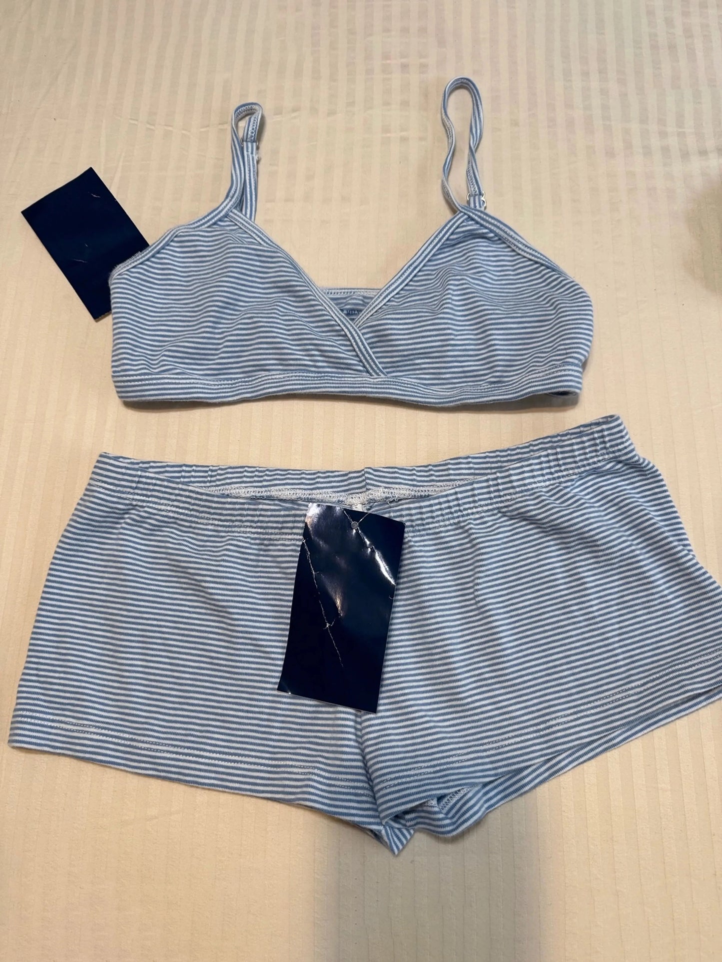 Cute Blue Striped Bra Shorts Set Women V-neck Slim Bras with Straight Sweatshorts Sweet Cute Cotton Home Pajama 2 Piece Sets Y2K