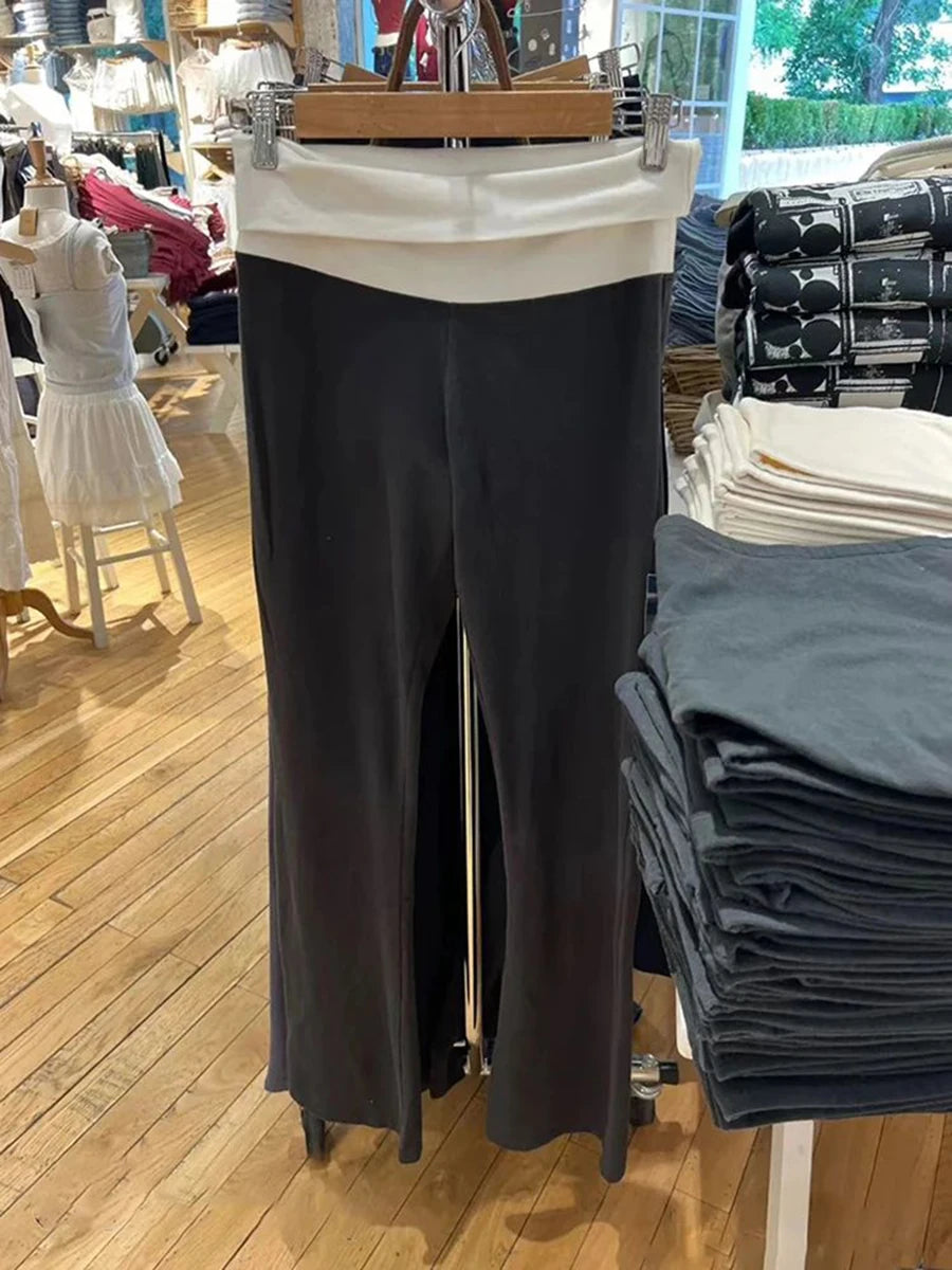 Sweet Flip up Pink Skinny Yoga Pants Women Autumn Elastic Cotton Long Flare Pants Female Casual Preppy Style Y2K Sport Trousers