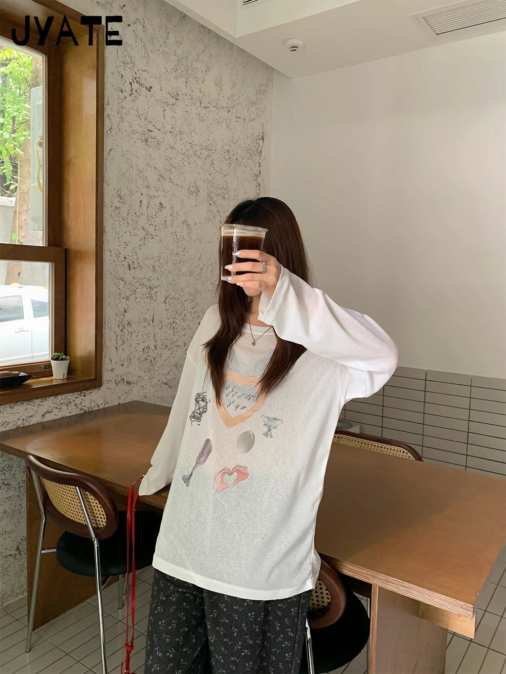 Sweet Graphic Print Long Sleeve Tees Smock Women New Casual White Thin O-neck Tops Clothes Vintage Cute Preppy Style T-shirts