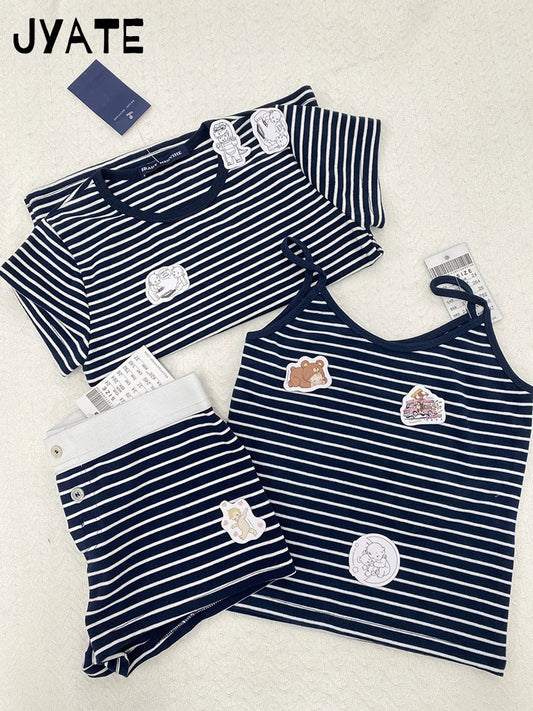 Navy Striped T-shirts Shorts 2 Pieces Set Women New Slim Cotton Soft O-neck Tee+Button Straight Short Pant Sweet Pajama Sets Y2K