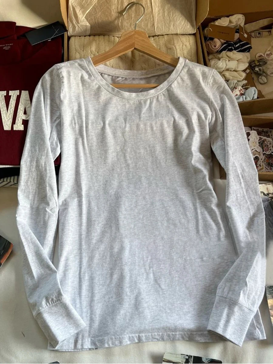 Solid V-neck Basic Long Sleeve Tees Women New Cotton Soft Simple Casual SlimTops Clothes All-match Simple T-shirts Spring