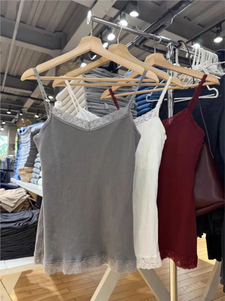 Ribbed Lace Trim Slim Tank Top Women Summer Solid Cute V-neck Cotton Camisole Female Casual Simple All-match Basic Vest Y2k Tops