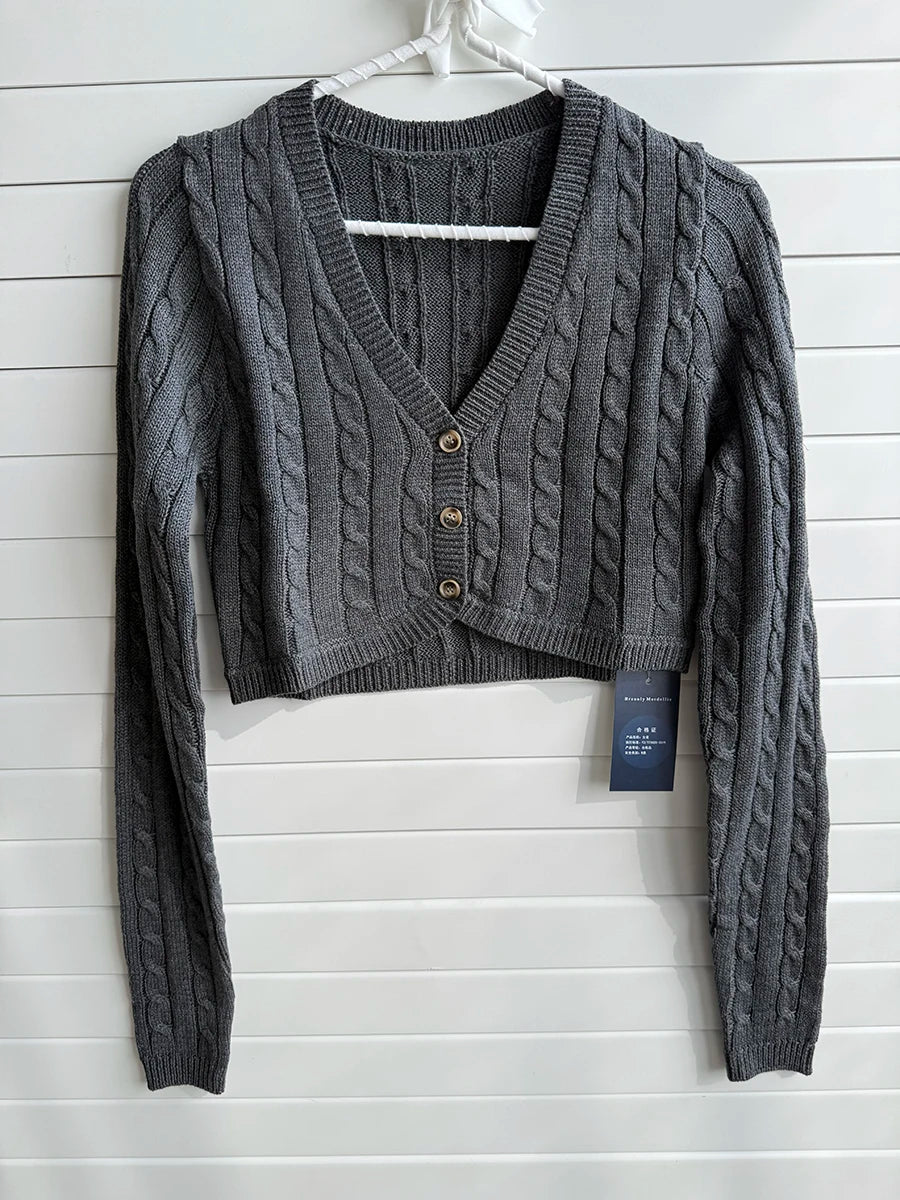 White Cable Knit Cropped Cardigan Women Sexy Chic V-neck Slim Long Sleeve Sweaters Vintage Preppy Style Knitwear Y2K