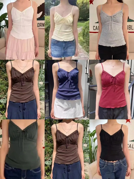 Solid Lace Trim V-neck Tank Tops Women Summer Casual Simple Lace-up Cotton Slim Sleeveless Vests Sweet Cute Elegant Camisole Y2K