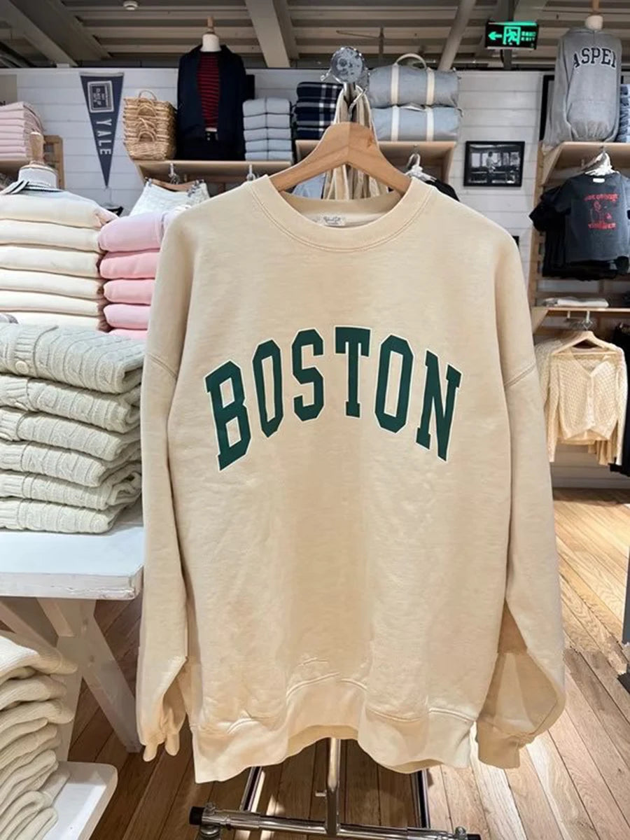 Letter Embroidery Sweatshirts Women Autumn New Casual O-neck Flag Long Sleeve Hoodies Vintage Harajuku Chic Pullover Top Y2K