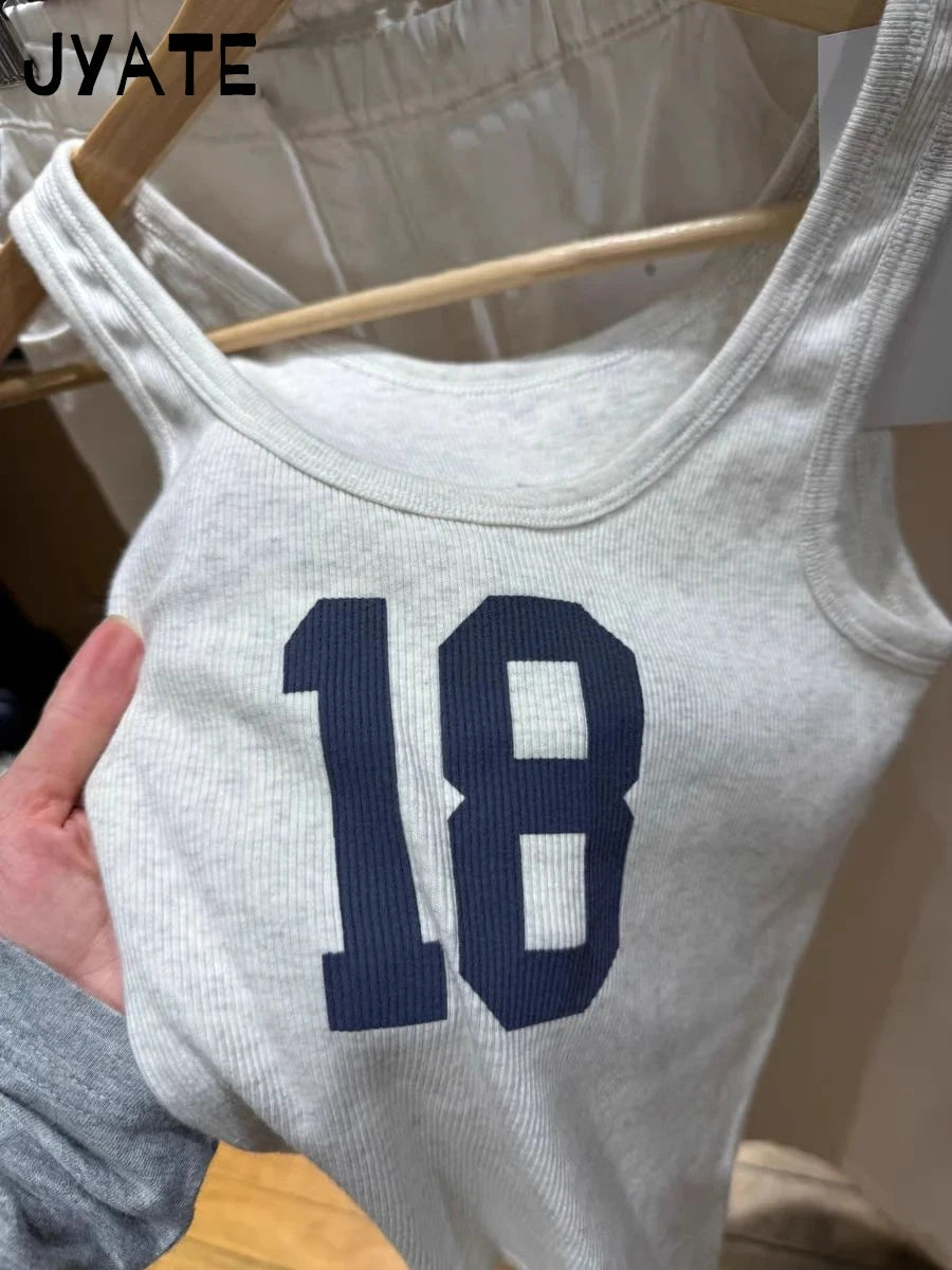 Fashion NO 18 Print Gray Tank Tops Women New Cotton Simple U-neck Preppy Style Sleeveless Vests Vintage Chic Casual Camisole Y2K