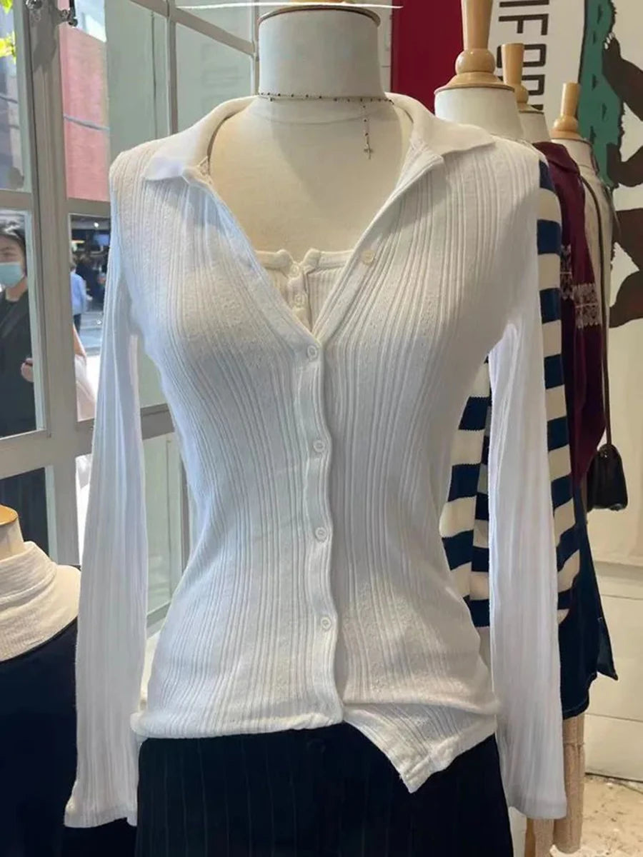 Sweet Hollow Out Slim Long Sleeve T-shirt Women Solid O-Neck Single Breasted Cotton Tees Simple Chic Knit Tshirt Y2K Tops New