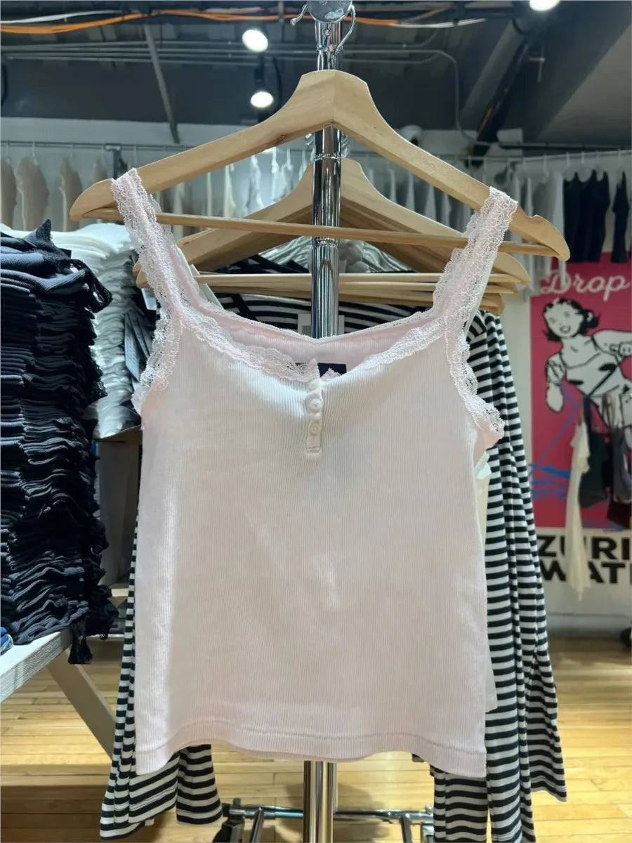 Sweet Pink Lace Trim Ribbed Camisole Women New Casual Cotton Buttons Slim Sleeveless Vest All-match Simple Cropped Tank Tops Y2K