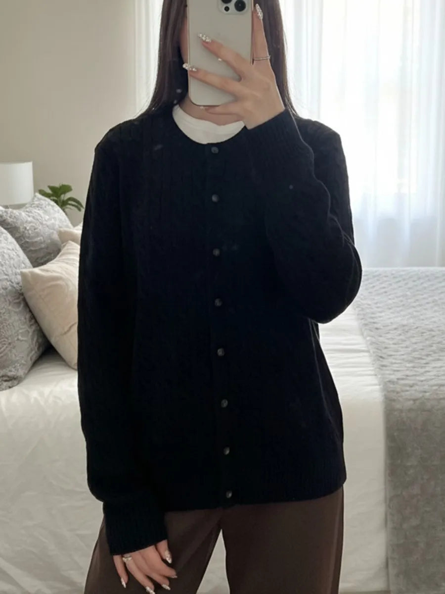 Black Knit Twist Sweater Coat Women Casual Slim Cotton O-neck Button Casual Jumper Tops Preppy Style Simple CardiganAutumn New