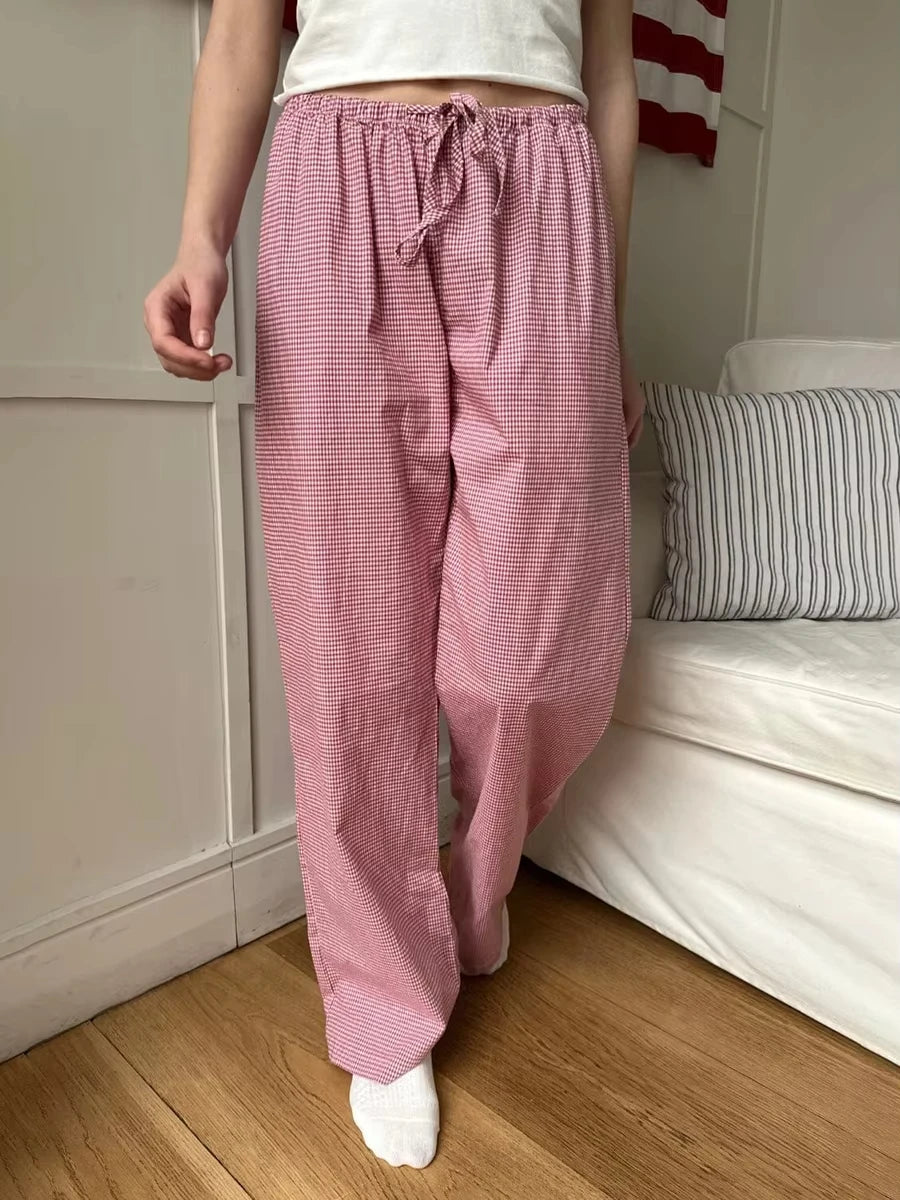 Fashion Blue Striped Drawstring Straight Sport Pants Women New Chic Elastic High Waist Long Pant Casual Sweet Loose Trousers Y2K