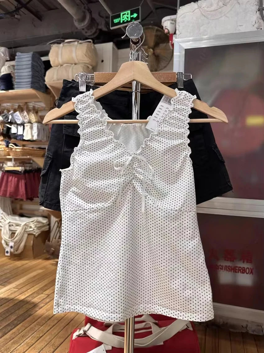 Black Folds Polka Dot Harajuku Tank Top Woman Summer New Sweet Bow V-neck Cotton Slim Camisole Vintage Simple Crop Top Vest Y2K