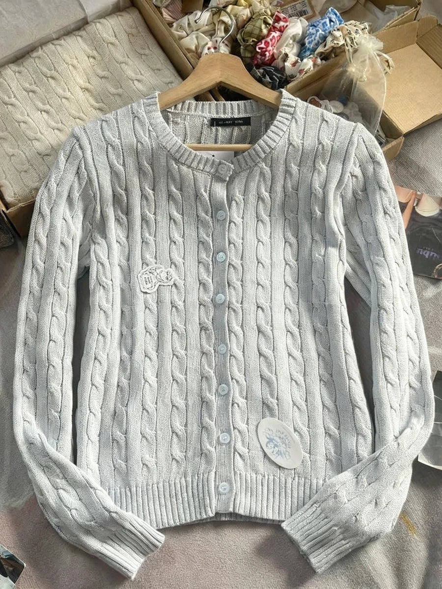 Solid Knit Twist Sweater Coat Women Autumn  O-neck Button Loose Casual Solid Jumper Tops Vintage Harajuku Y2K Chic Cardigan