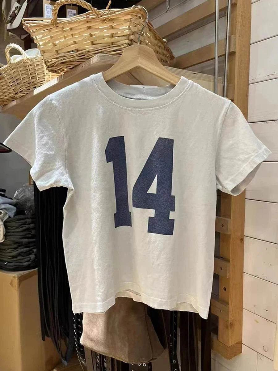 Classic Number Graphic Print Cotton T-shirts Women Summer Soft Casual Loose O-neck Short Sleeve Tees Vintage Streetwear Y2K Tops