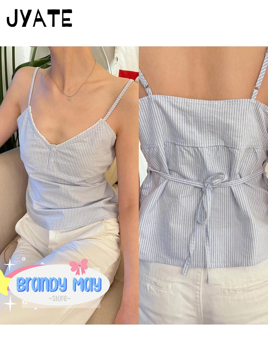 New Blue Striped Buttons Tank Tops Women Summer Casual V-neck Lace Trim Sleeveless Vests Sweet Vintage Preppy Style Camisole Y2K