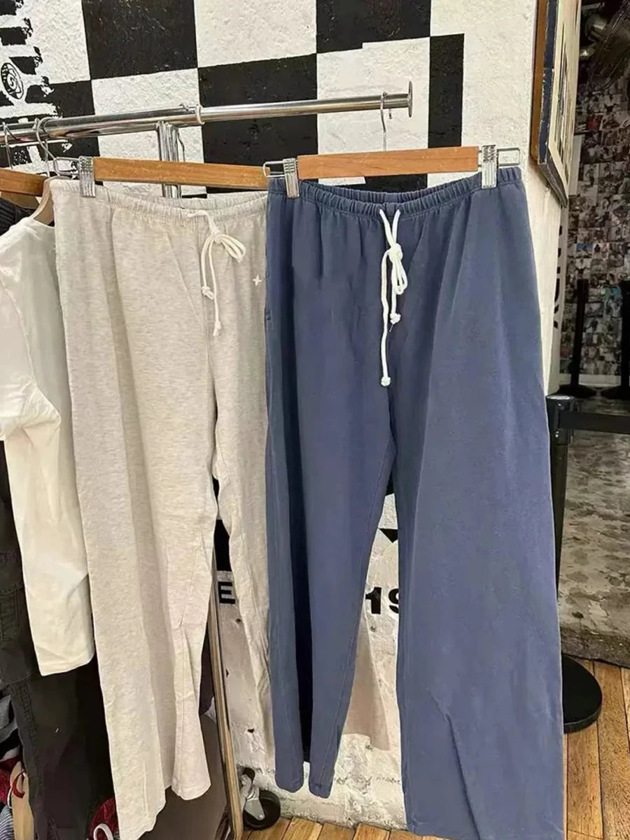 Solid Drawstring Straight Sweatpants Women Streetwear Cotton Simple Casual High Waist Trousers Vintage Chic Sport Long Pants Y2K