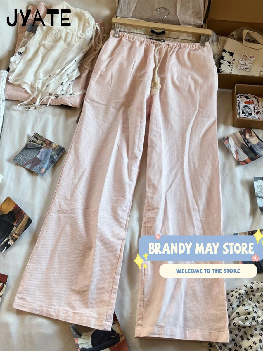 White Drawstring Straight Sweatpants Women Spring Y2K Cotton Linen Casual High Waist Trousers Sweet Cute Sport Long Pants New