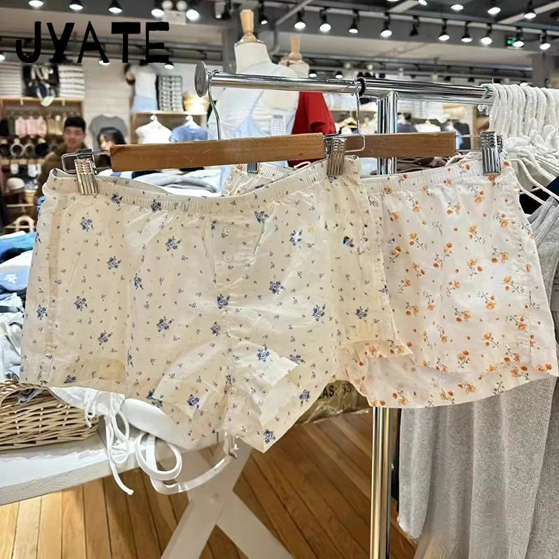 Floral Print Buttons Shorts Pant Women Summer Cotton Simple Elastic High Waist Home Underwear Casual Streetwear Chic Shorts Y2K
