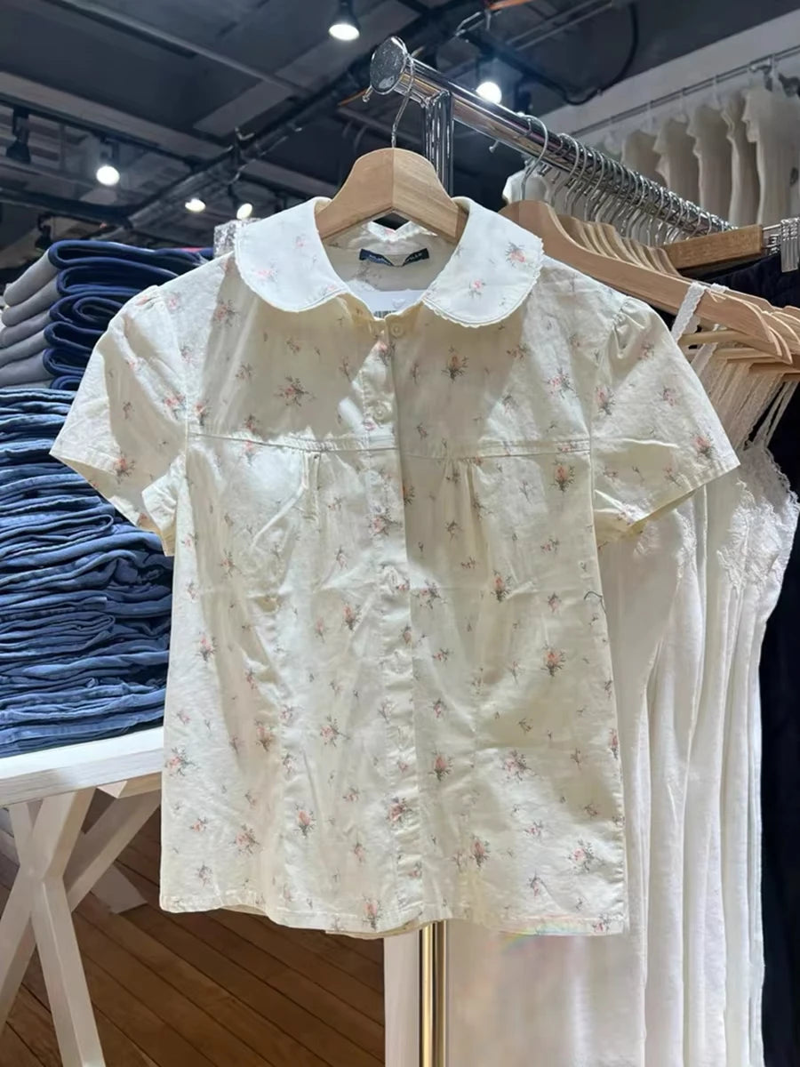 Retro Red Buttons Blouse Women Summer New Streetwear Lapel Short Sleeve Tees Sweet Vintage Cute Preppy Style T-shirts Y2K Tops