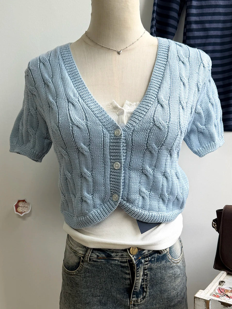 Twisted Flower Cropped Knitwear Women Cotton V-neck Single Breasted Long Sleeve Slim Crop Tops Vintage Chic Sweater Cardigan Y2K