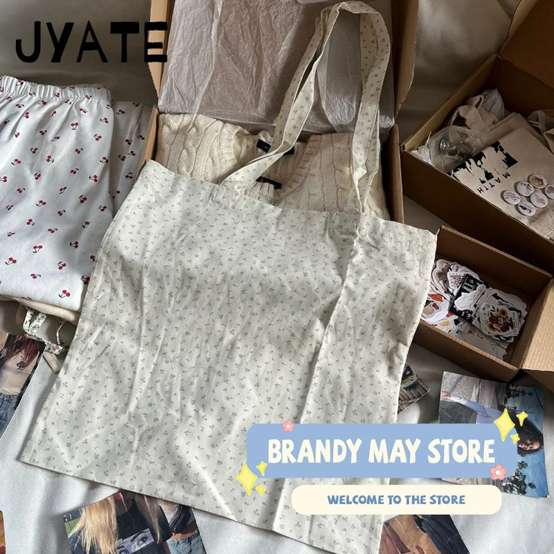 Sweet Floral Print Simple Shoulder Bags Women Casual Preppy Style Canvas Fabric Tote Vintage Cute Y2K Handbags Bolsas Mujeres