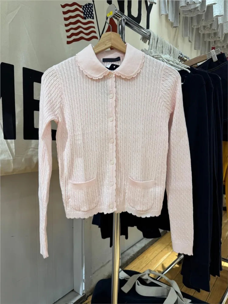 Babydoll Collar Pink Twist Cardigan Women Autumn New Lace Trim Cotton Buttons Knitted Jumper Sweet Cute Preppy Style Sweater Y2K