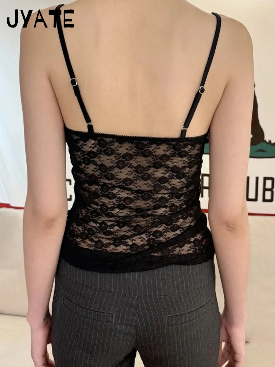 Black Lace Bow Transparent Bra Tank Tops Women Summer Streetwear Sleeveless V-Neck Thin Slim Vest Sweet Vintage Chic Camis Y2K