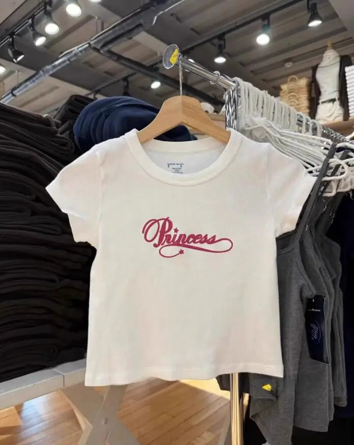 Letter Print Crop Tops Women Summer Streetwear Chic Cotton Slim Short Sleeve Tees Vintage Preppy Style Y2K Cropped T-shirts
