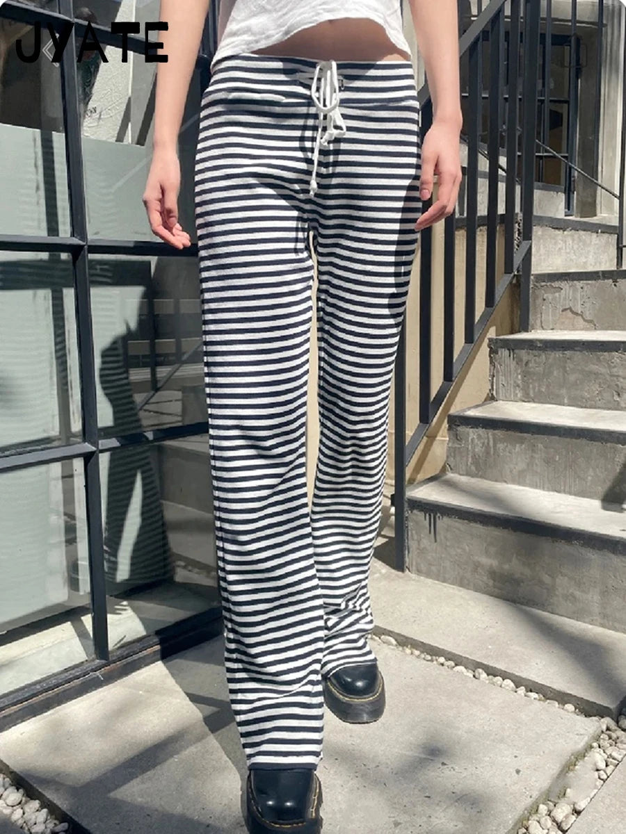Vintage Classic Striped Drawstring Wide Leg Pants Women Cotton Soft High Waist Casual Sweatpant Harajuku Chic Sweet Trousers Y2K
