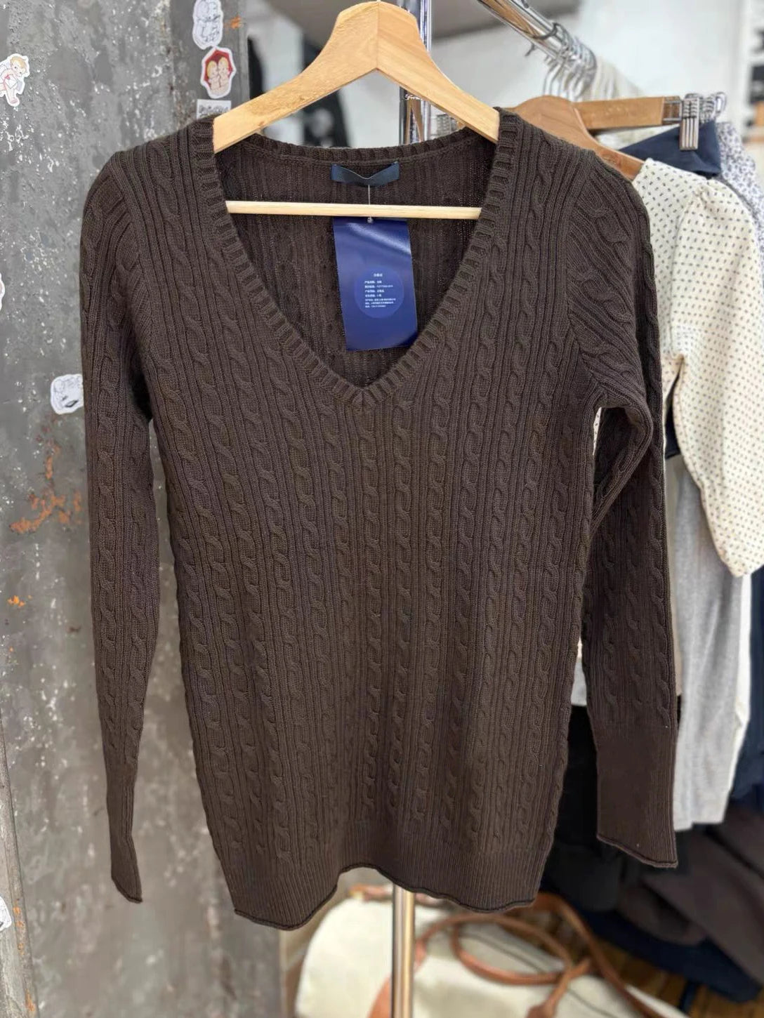 Brown Twisted Flower Sweater Spring Deep V-neck Raw Hem Long Sleeve Pullover Top Vintage Casual Preppy Style Woman's Jumpers