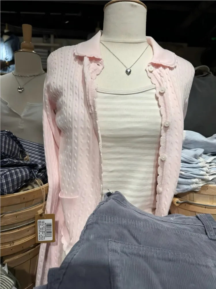 Pink Twist Babydoll Top Cardigan Women Autumn New Lace Trim Collar Cotton Buttons Knitted Jumper Sweet Cute Preppy Style Sweater