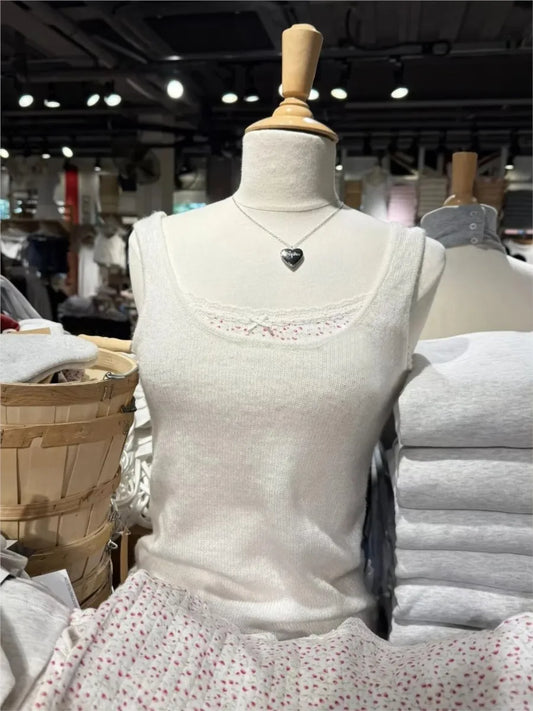 Beige Knitted Thin Smock Tank Top Women Summer Sweet Sleeveless Slim Female Casual Vest Preppy Style Simple Basic Crop Tops New
