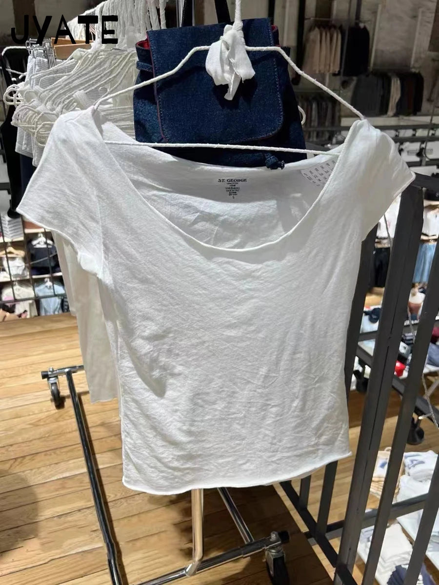 2024 New Raw Hem Slash Neck Crop Tops Women Casual Cotton Soft Simple Slim Short Sleeve Tee Female Sweet Cute Basic T-shirts Y2K
