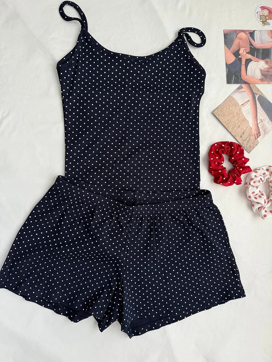 Vintage Navy Dot Ribbed Shorts Sets Women Casual Sleeveless Crop Tank Top+Shorts Sweet Cute Home Cozy Slim Two-piece Set