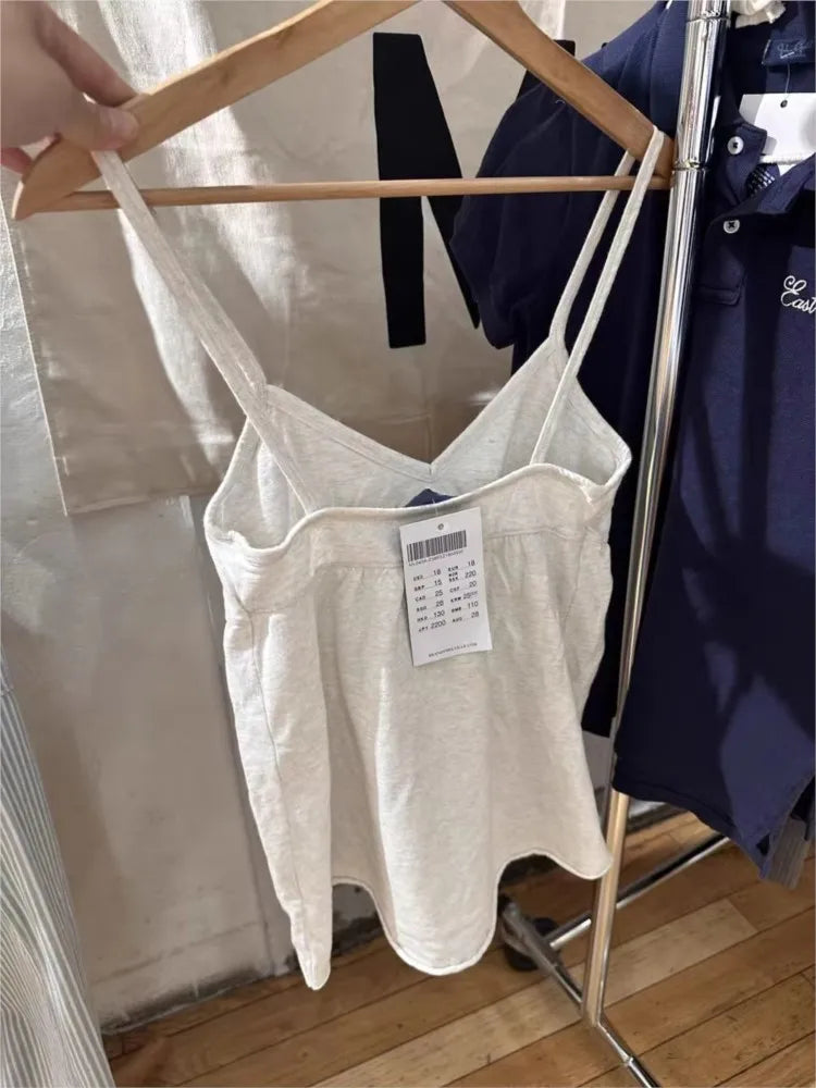 Sweet Raw Hem V-neck Long Camisole Women Sexy Light Grey Backless Cotton Tank Top Female Casual Simple Basic Vest Y2k Tops New