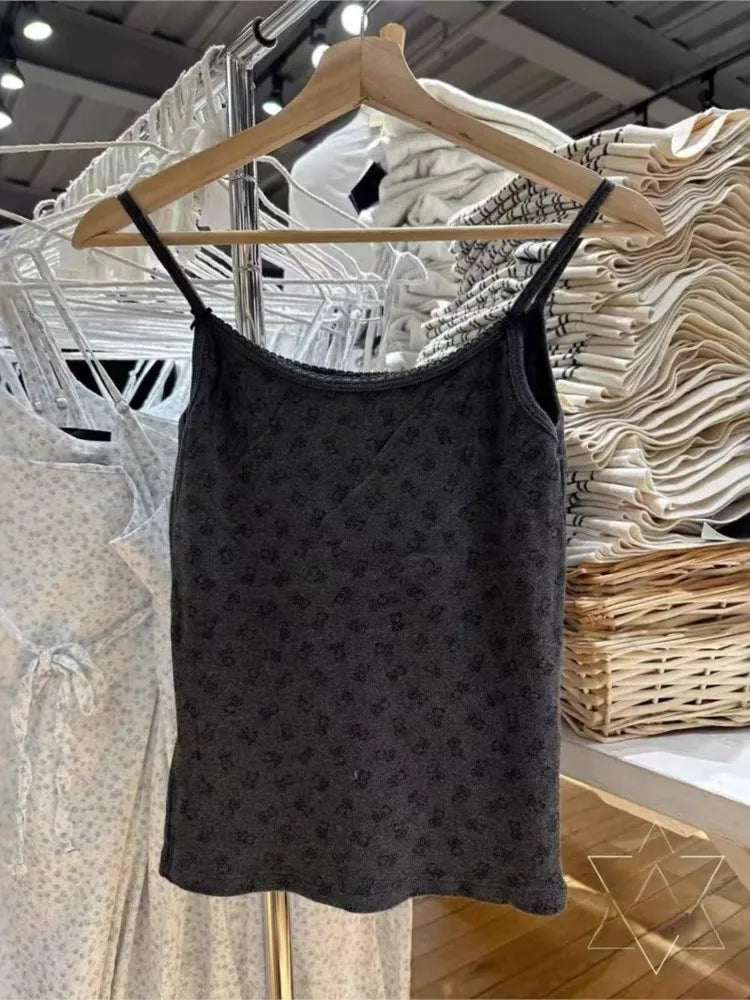 Gray Bear Print Bow Tank Tops Women New Lace Trim Slim Cotton Preppy Style Sleeveless Vests Vintage Cute Streetwear Y2K Camisole