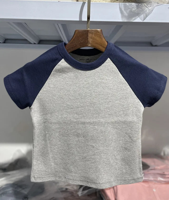 Vintage Brown Patchwork Ribbed Crop Tops Female Summer Cotton O-neck Slim Casual Short Sleeve Tee Harajuku Sweet Chic T-shirts