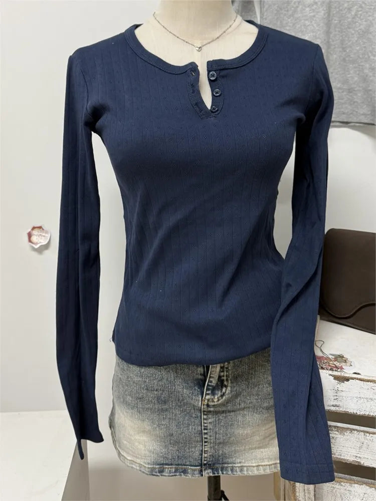 Eyelet Slim Long Sleeve T-shirt Women Simple Basic Preppy Style Buttons O-neck Cotton Tee Shirts Cute Vintage Sweet Tops