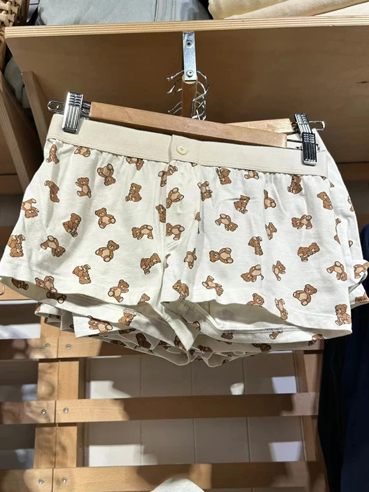 White V Neck T-shirts+little Bear Print Shorts Two Piece Set Cute Home 2 Piece Sets Women Outfit Vintage Cotton Slim Short Sets