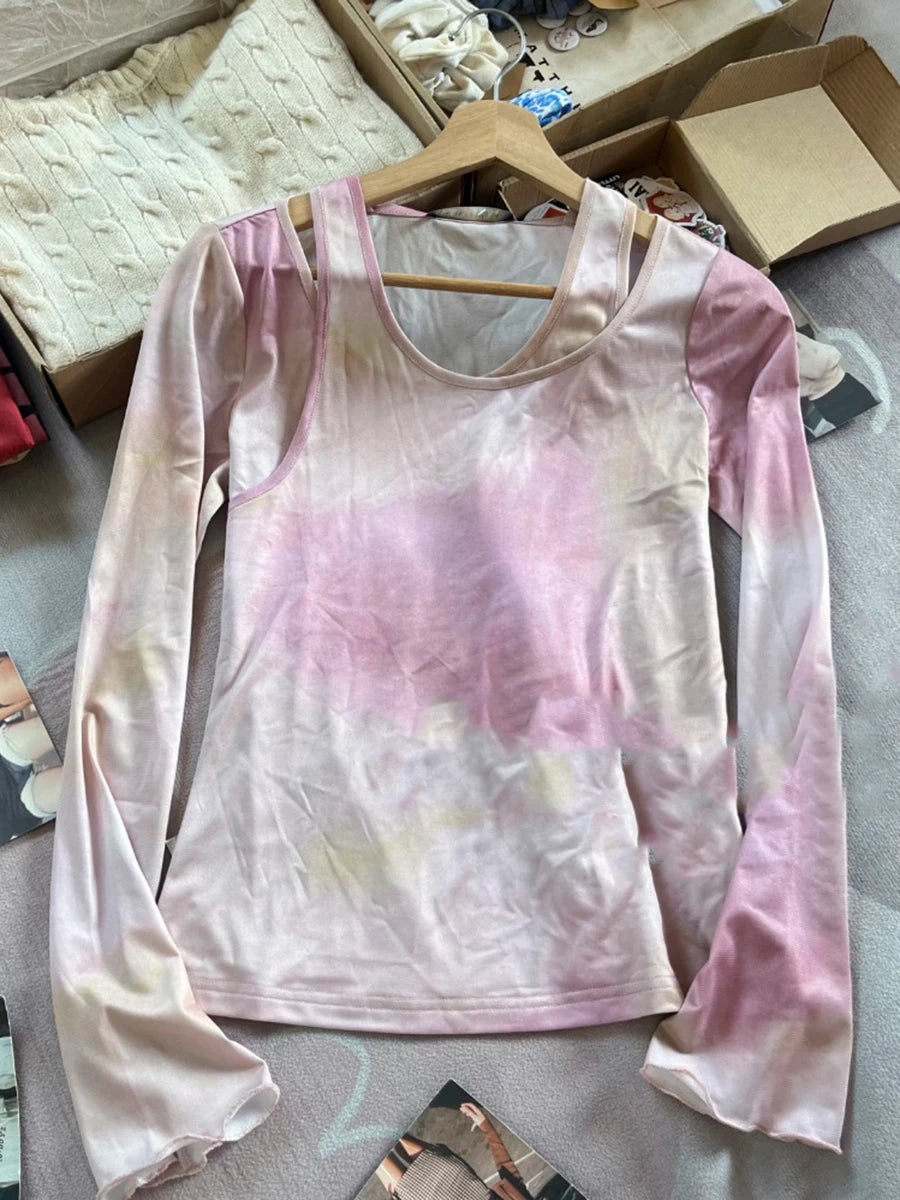 Sweet Pink Gradient Long Sleeve Tees Women New Casual Cotton Irregular Collar Tshirt Tops Cute Aesthetics Chic T-shirts Y2K Top