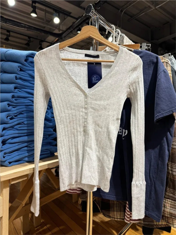 Red Knit Buttons T-shirts Women Spring Sexy V-neck Button Cotton Slim Long Sleeve Tees Sweet Cute Preppy Style T Shirt Y2K
