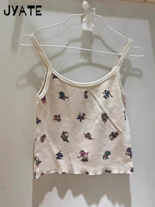 Cute Dinosaur Print Tank Tops Women Summer New Cotton Casual Slim Raw Hem Sleeveless Cropped Vests Vintage Chic Sweet Camis Y2K