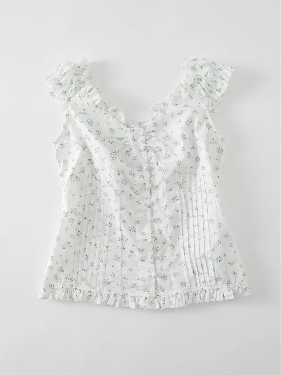 Sweet Ruffle Sleeveless Floral Blouse Top Women New Casual Single Breasted Folds Tank Tops Vest Steetwear Vintage Chic Camisole