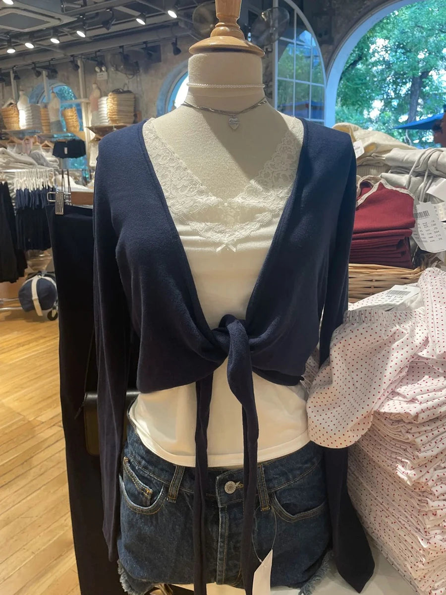 New Navy Lace-up Knitted Long Sleeve T-shirt Cardigan Women Autumn V-neck Casual Smock Wrap Tees American Vintage Crop Tops Y2K