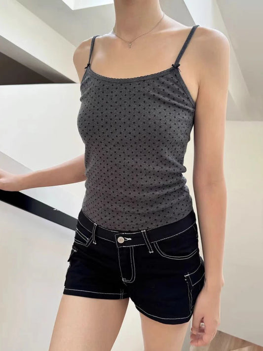 New Dot Lace Trim Slim Tank Tops Women Summer Casual Bow Strap Sleeveless Cotton Camisole Vintage Streetwear Sweet Y2K Crop Top