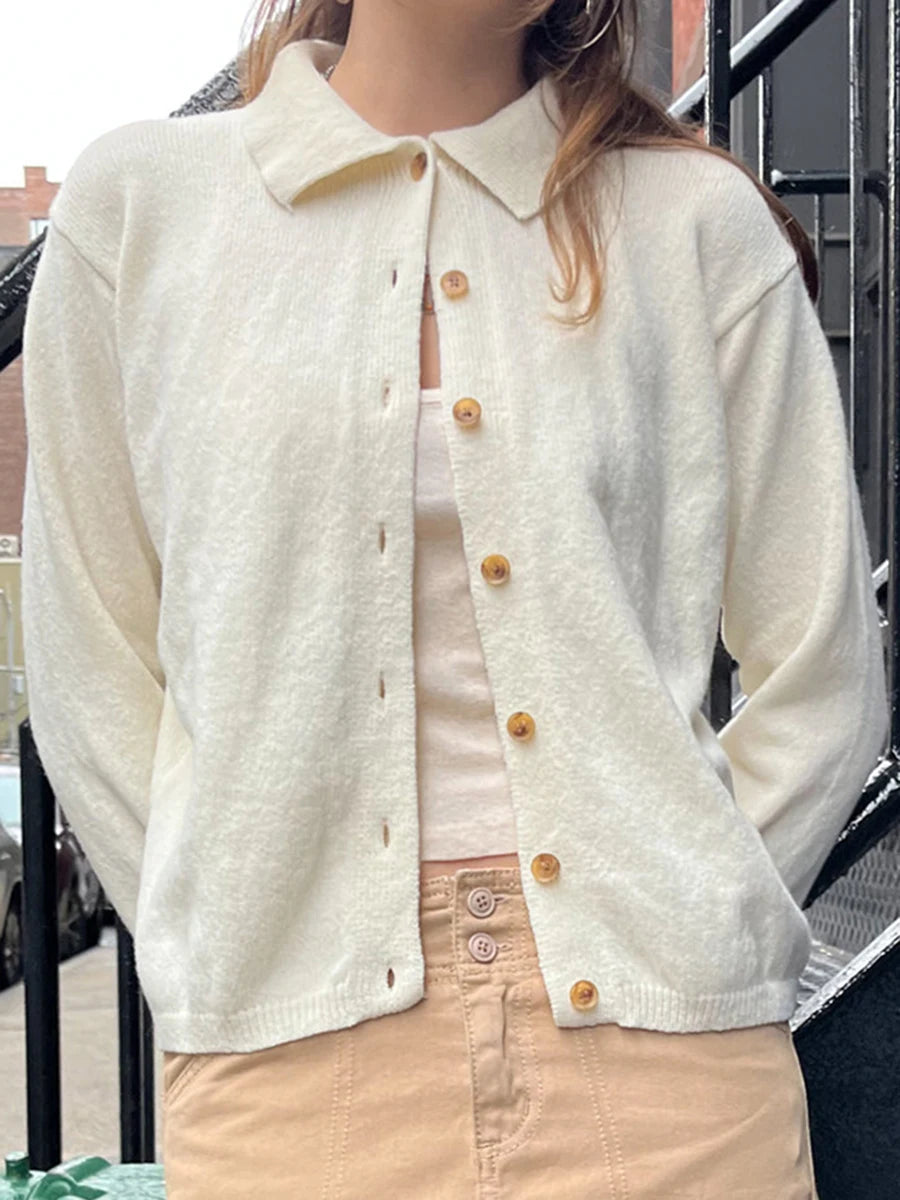 Preppy Style Gray Cotton Soft Sweaters Coat Women Chic Turn Down Collar Buttons Knitted Cardigan Sweet Simple Cute Sweater Tops