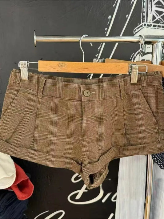 Retro Brown Plaid Button Shorts Women Summer Cotton Casual Loose Elastic High Waist Short Pants Vintage Preppy Style Sweatshort