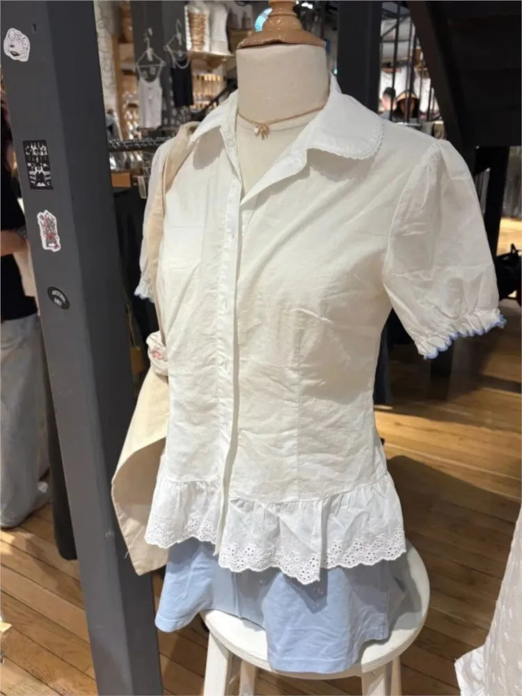White Blue Lace Trim T-shirt Blouse Women Casual Pan Collar Single Breasted Short Sleeve Tee Sweet Vintage Cute Slim Tshirt Tops