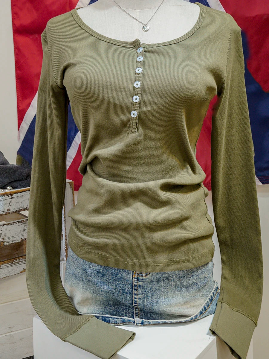 Navy Six ButtonsT-shirts Women Autumn New Round Neck Cotton Ribbed Slim  Long Sleeve Tee Top Casual Vintage Chic Tshirt Y2k Tops