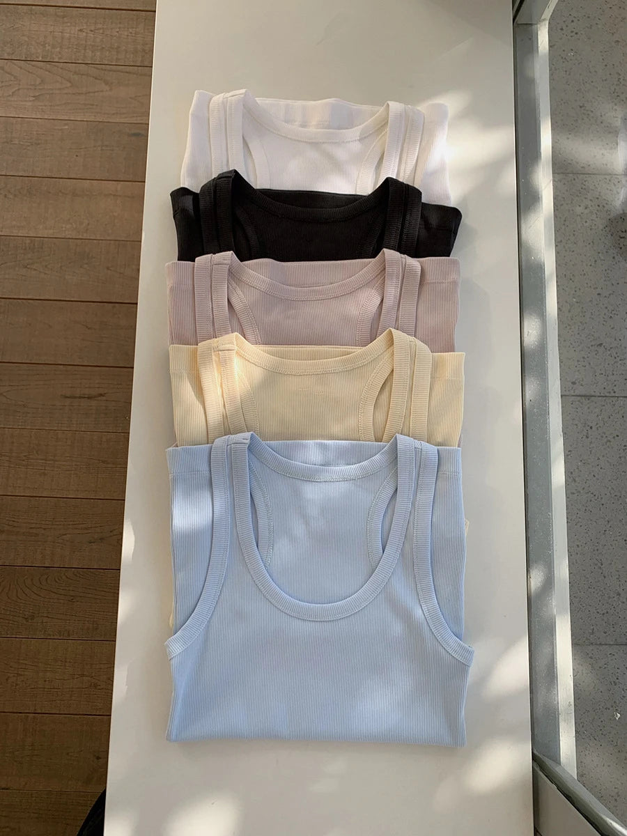 Solid U-neck Slim Sleeve Tank Tops Women Summer Casual Simple Ribbed Cotton Vests Girl Sweet Basic Y2K Preppy Style Camisole New