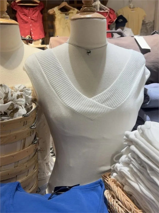 White Knitted V-neck Slim Vest Women Summer Cotton Chic Sweater Sleeveless Tank Tops Female Preppy Style Sweet Crop Top Y2k New